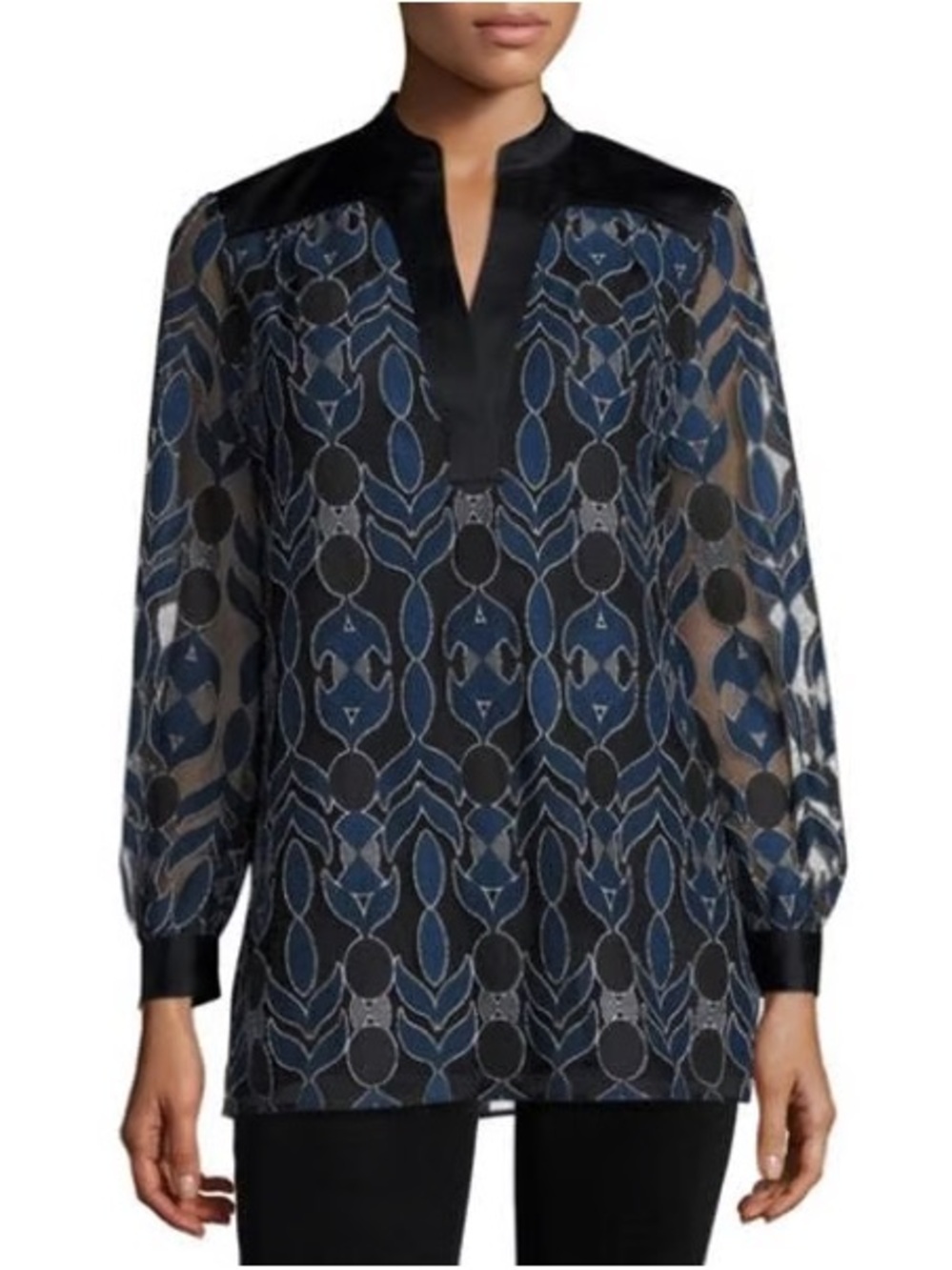 Tory Burch Navy and Black Lace Sheer Geometric Split-Neck Blouse